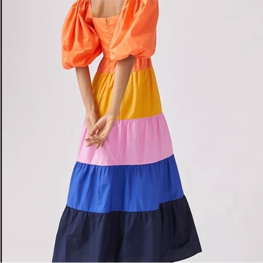 NWOT Anthropologie Farm Rio Puff Sleeve Tiered Colorblock Maxi Dress Sm petite - Picture 2 of 6